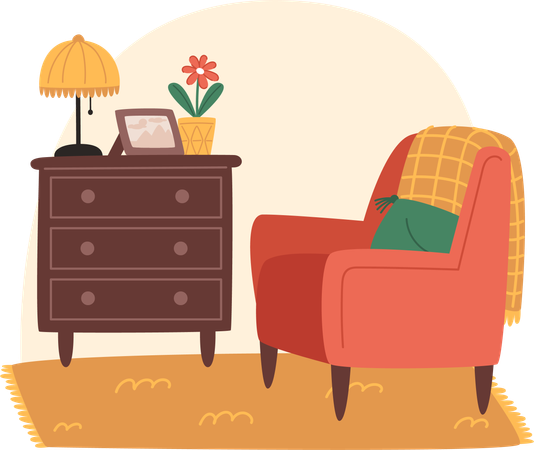 Salon cosy avec fauteuil et étagère en bois  Illustration