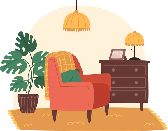 Salon cosy avec fauteuil et plantes en pot  Illustration