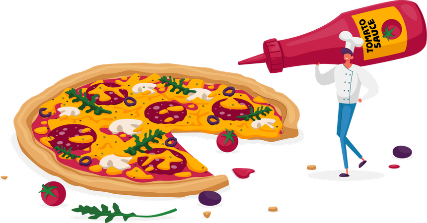 Salsa que gotea sobre pizza italiana  Ilustración