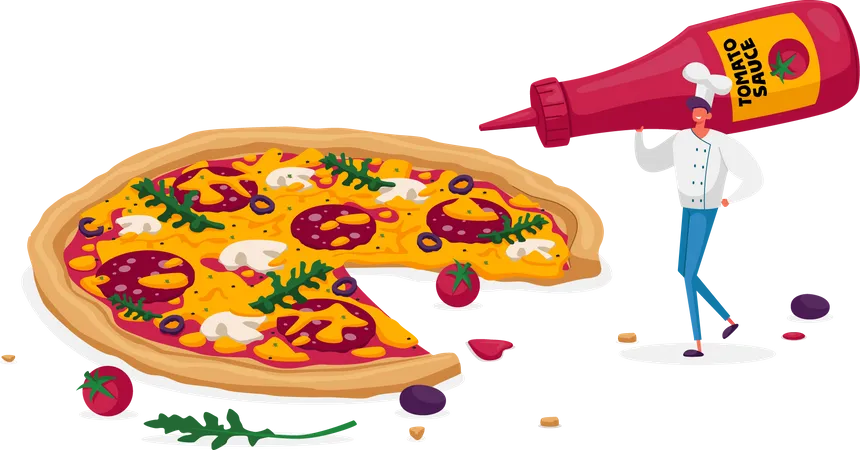 Salsa que gotea sobre pizza italiana  Ilustración