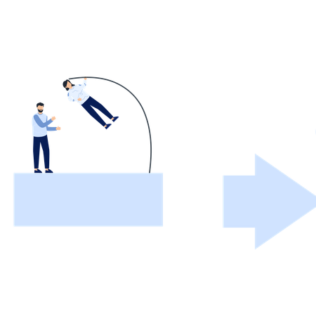 Salto com vara sobre obstáculos, superação de desafios e trabalho em equipe  Ilustração
