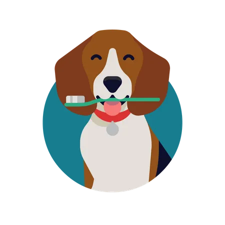 Salud dental del perro con un perro beagle feliz sosteniendo un cepillo de dientes  Ilustración