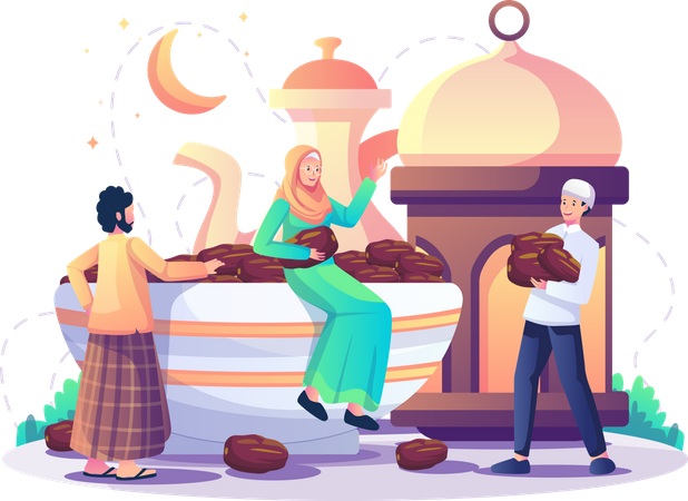 Saludo de Eid Mubarak con alimentos de Eid  Ilustración