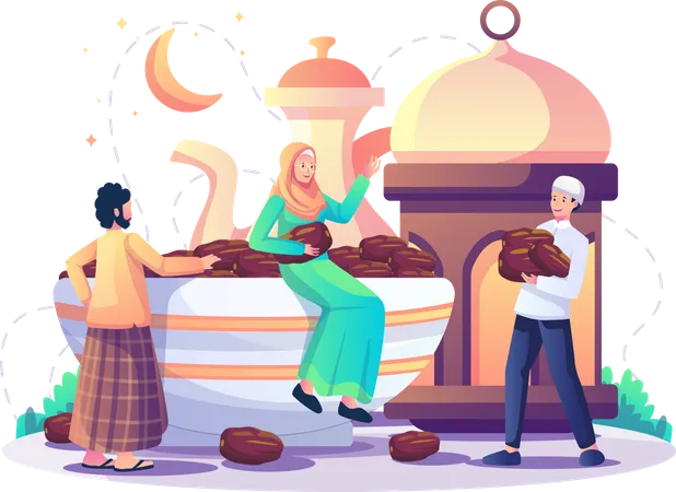 Saludo de Eid Mubarak con alimentos de Eid  Ilustración
