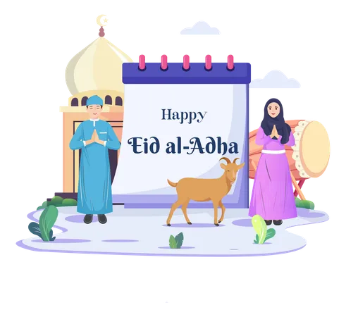 Saludo familiar musulmán para Eid Mubarak  Ilustración