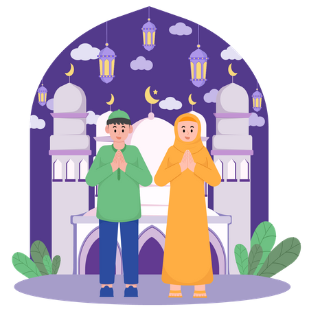 Saludo de pareja musulmana para ramadán  Ilustración