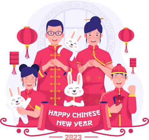 Saludo familiar chino para celebrar el año nuevo lunar  Ilustración
