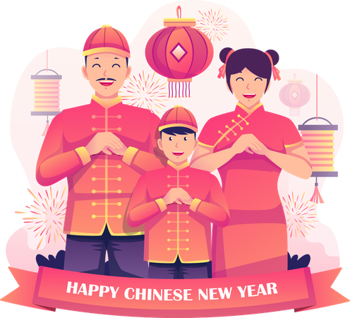 Familia china saludando el año nuevo  Ilustración