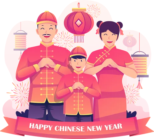 Familia china saludando el año nuevo  Ilustración