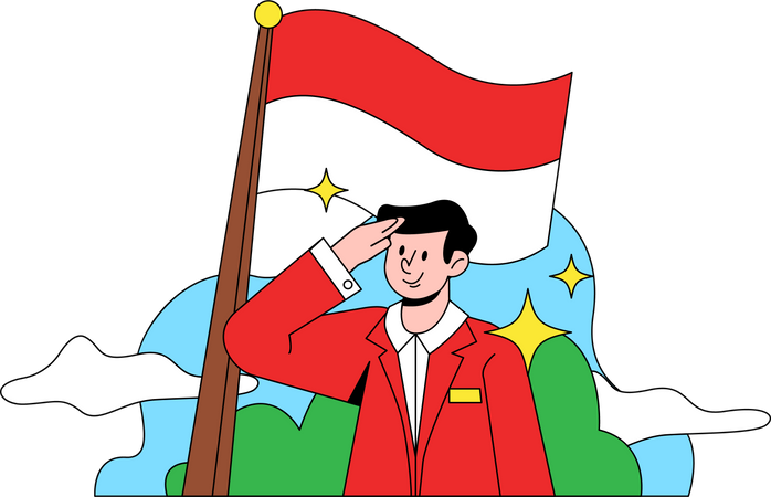 El hombre saluda la bandera de Indonesia  Ilustración