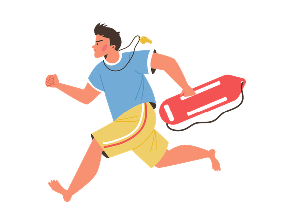 Salva-vidas profissional masculino corre para prestar primeiros socorros ou salvar vidas de pessoas  Ilustração