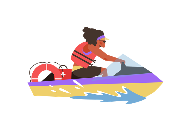 Salvavidas a bordo de una moto acuática de rescate  Ilustración