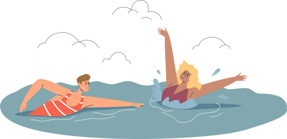 Socorrista de playa nadando hacia una mujer que se ahoga en el mar  Ilustración