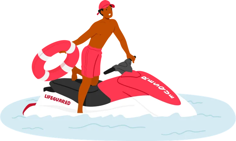 Hombre salvavidas usa uniforme rojo, equipado con salvavidas maniobrando hábilmente una moto acuática  Ilustración
