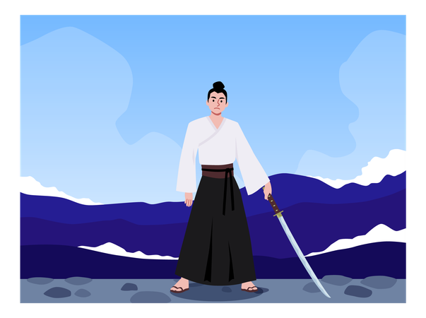 Samurai com uma katana em pé em uma praia de pedras  Ilustração