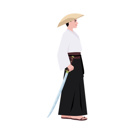 Vista lateral de un samurái con un kimono tradicional y un tocado de bambú.  Ilustración