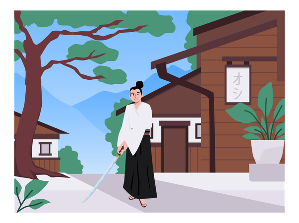 Samurai holds a katana stands in defense of his native village  Illustration
