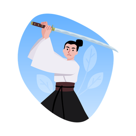 Samurai in a fighting pose in a kimono with a katana  Illustration