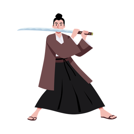 Samurai in a fighting pose with a katana in his hands  Illustration