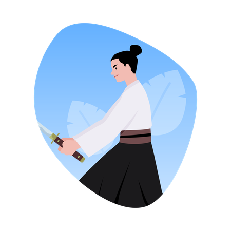 Samurai side view in a fighting pose with a katana  Illustration