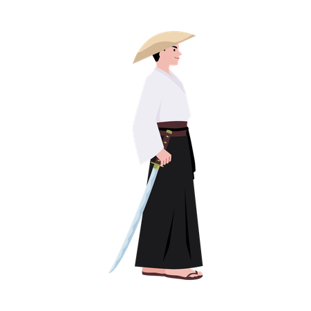 Samurai side view in a traditional kimono with a bamboo headdress  Illustration