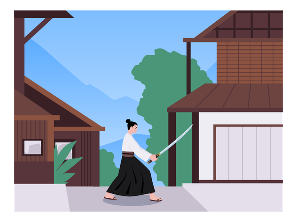 Samurai stands in profile and holds a katana with both hands  Illustration