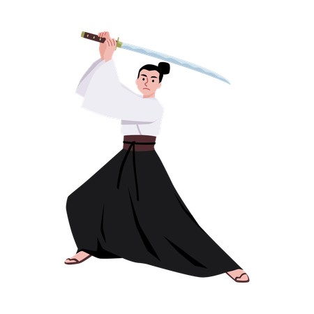 Samurai warrior with raised sword  Illustration