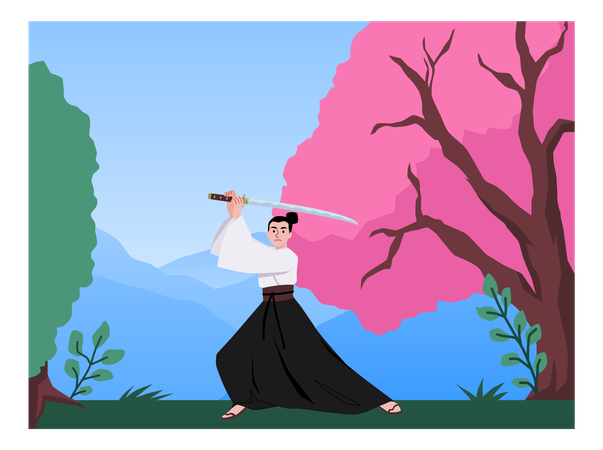 Samurai with a katana against backdrop of cherry blossoms  Illustration