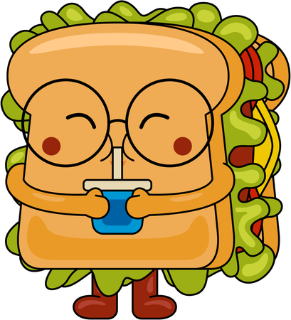 Mascotte de sandwich buvant du jus  Illustration