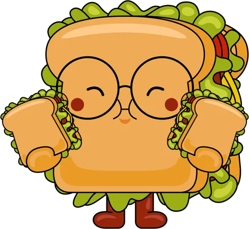 Mascotte de sandwich mangeant un sandwich  Illustration