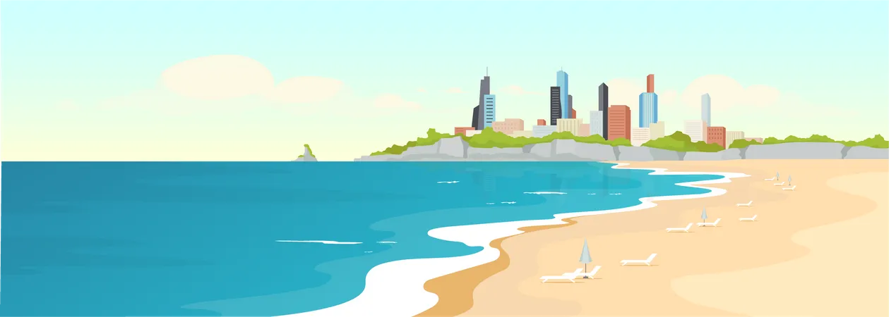Sandy Urban Beach Flat Color Vector Illustration Sea Shore And Modern Buildings Marine City View Summertime Recreation Ocean Coast 2 D Cartoon Landscape With Skyscrapers On Background Illustration