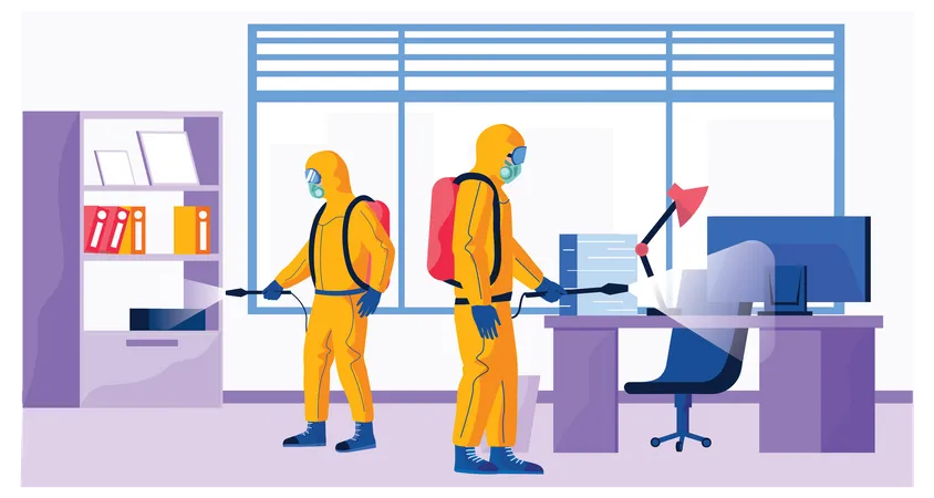 Mitarbeiter der Hygieneinspektion reinigt Büro  Illustration