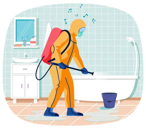 Man In Protective Suit Disinfects Bathroom With Spray Gun Prevention Against Spread Of Disease Premise Sanitization Sanitary Inspection Worker Disinfects Bathtub Person Sprays Liquid From Cylinder イラスト