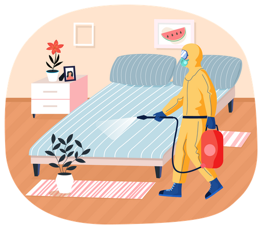 Sanitary inspection worker cleans bed Illustration
