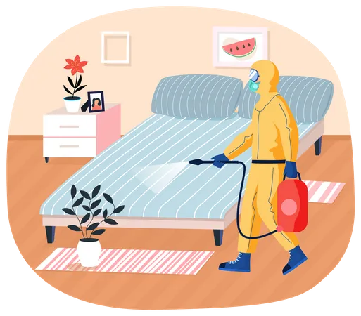 Man In Protective Suit Disinfects Bedroom With Spray Gun Prevention Against Spread Of Disease Premises Sanitization Sanitary Inspection Worker Disinfects Bed Person Sprays Liquid From Cylinder Illustration