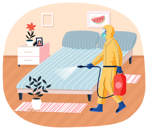 Sanitary inspection worker cleans bed  Illustration