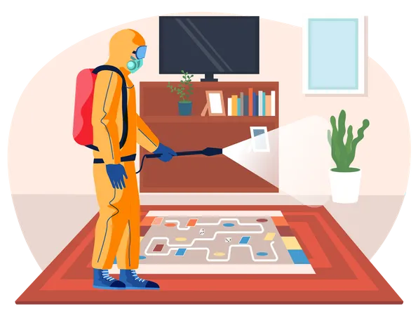 Man In Protective Suit Disinfects Room Prevention Against Spread Of Disease Premises Sanitization Sanitary Inspection Worker Cleans Board Game On Floor Person Sprays Liquid From Cylinder イラスト