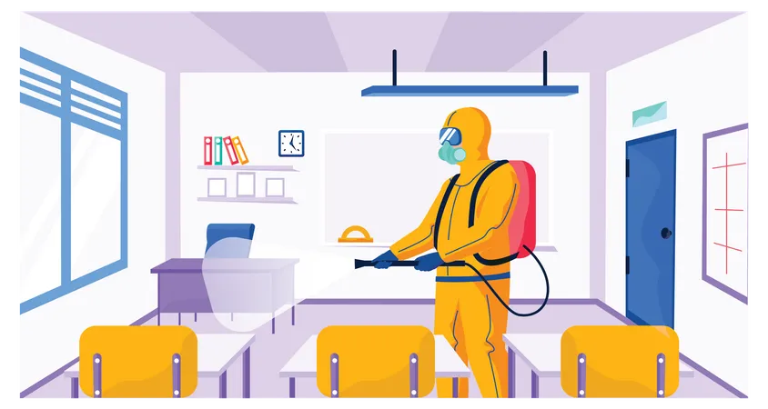 Sanitary inspection worker cleans classroom Illustration