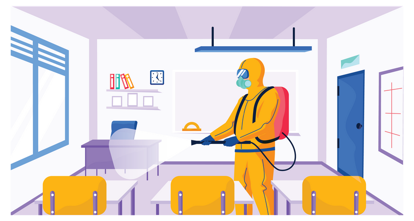 Sanitary inspection worker cleans classroom  Illustration