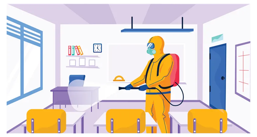 Sanitary inspection worker cleans classroom  Illustration