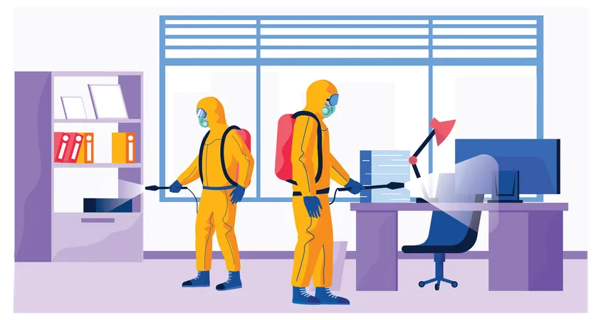 Sanitary inspection worker cleans office Illustration