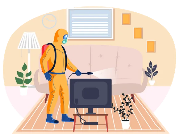 Man In Protective Suit Disinfects Living Room With Spray Gun Prevention Against Spread Of Disease Premises Sanitization Sanitary Inspection Worker Disinfects Tv Person Sprays Liquid From Cylinder イラスト