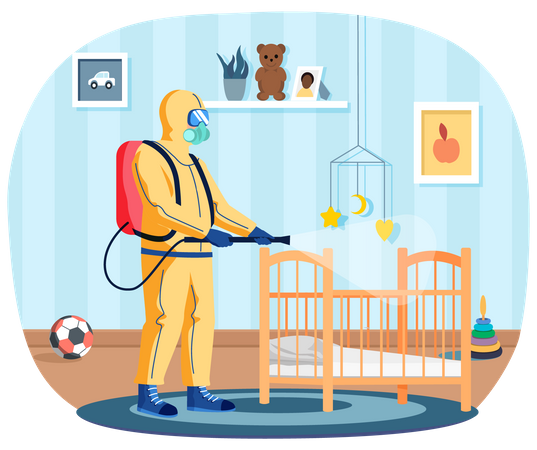 Sanitary inspection worker disinfects cradle Illustration