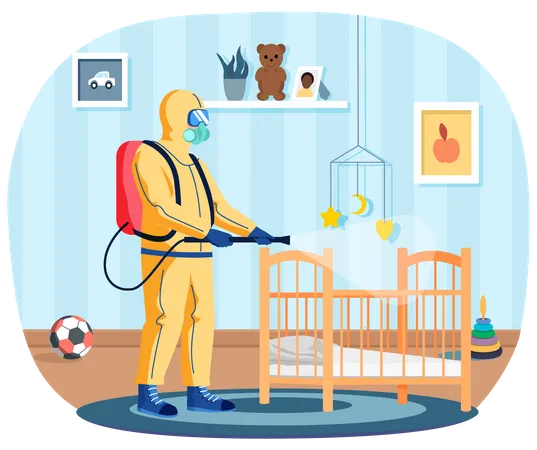 Man In Protective Suit Disinfects Children Room With Spray Gun Prevention Against Disease Premises Sanitization Sanitary Inspection Worker Disinfects Cradle Person Sprays Liquid From Cylinder Illustration