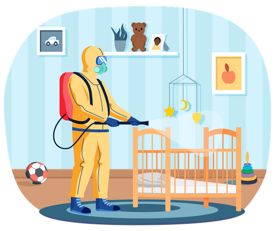 Sanitary inspection worker disinfects cradle  Illustration