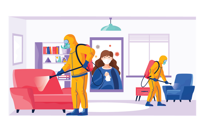Sanitary inspection workers clean live room Illustration