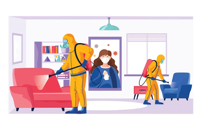 Sanitary inspection workers clean live room  Illustration