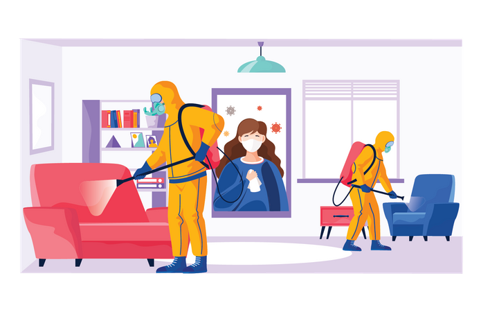 Sanitary inspection workers clean live room  Illustration