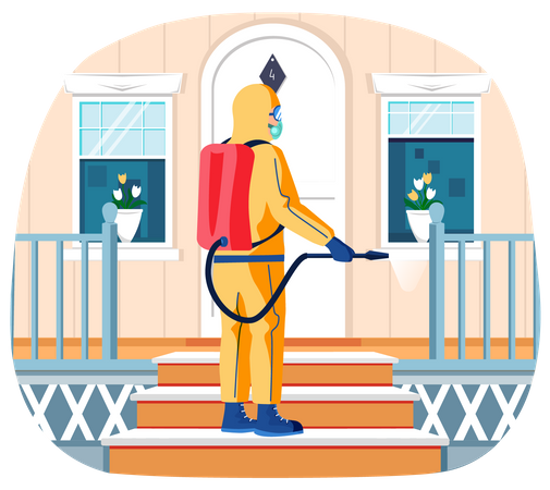 Sanitary worker cleans porch  Illustration