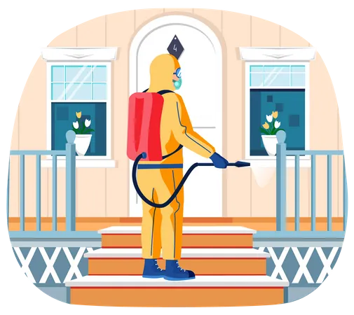 Man In Protective Suit Disinfects Stairs On Doorstep With Spray Gun Prevention Against Spread Of Disease Concept Sanitary Inspection Worker Disinfects Porch Person Sprays Liquid From Cylinder Illustration